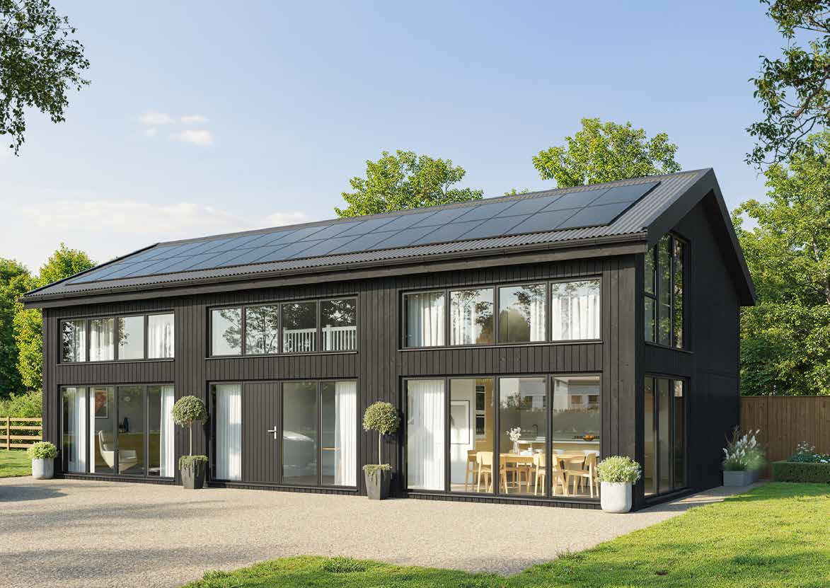 A computer generated image of a black timber clad house with solar panels, tall windows and clipped bay trees along a gravel drive