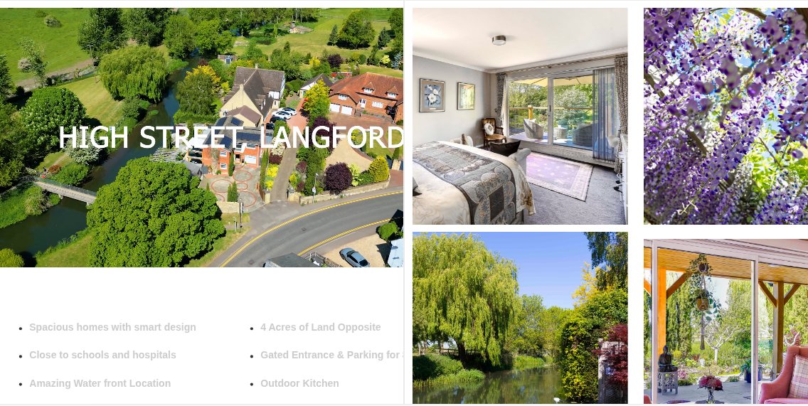 A brochure page showing an aerial photograph captioned High Street, Langford, a bulleted list of selling points, and a grid of interior and garden photographs