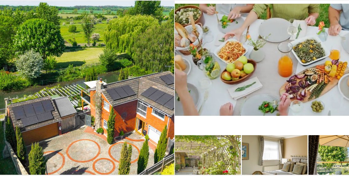 A brochure page with an aerial photograph of the house and a video playing beside it showing a table laid for lunch in a garden