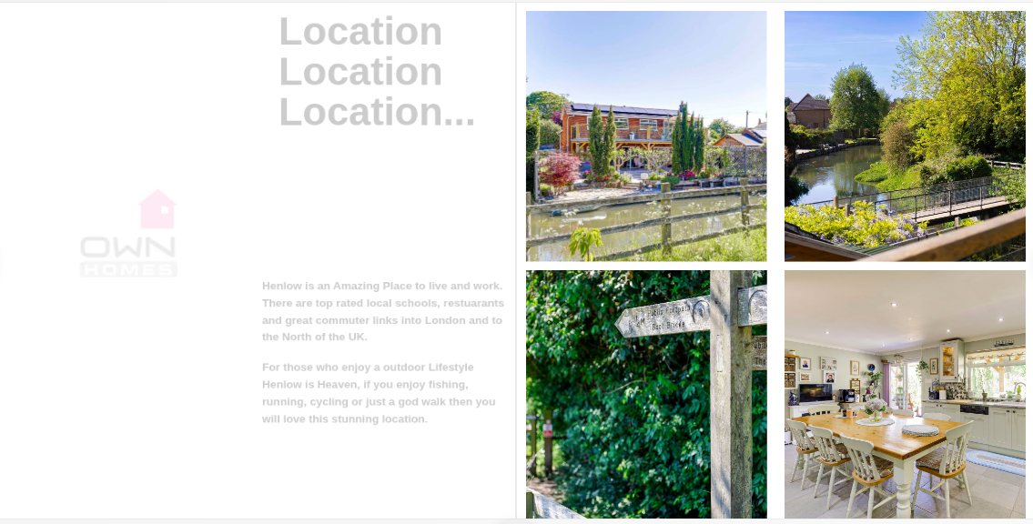 A brochure page headed Location Location Location, with copy about the village and a grid of photographs of the river, a footpath sign and a kitchen