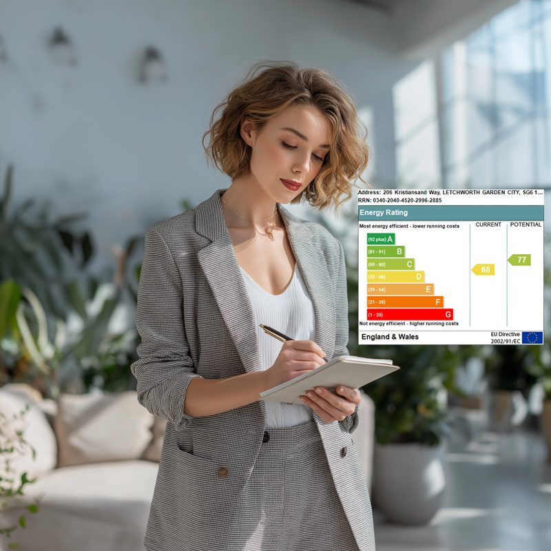 An energy assessor making notes in a bright living room, with an energy rating chart shown alongside