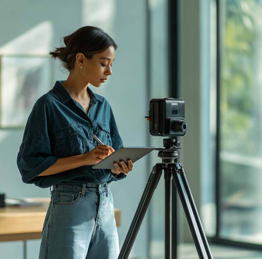A photographer with a tablet standing beside a 3D scanning camera on a tripod in a bright room