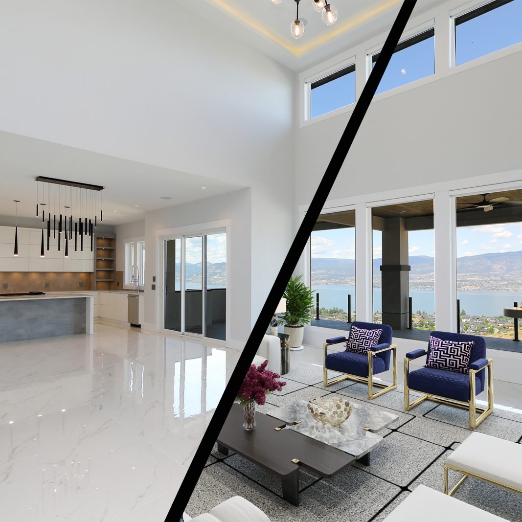 A double height living space split on the diagonal: bare marble floor and empty kitchen on one side, the same space furnished with blue armchairs, a coffee table and plants on the other